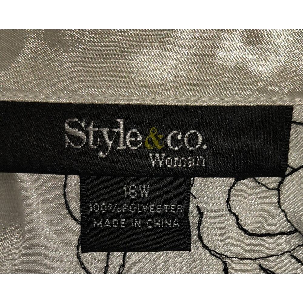 Style & Co Satin Blouse Top 16W Embroidered Black White Flared 3/4 Sleeves - Picture 9 of 16